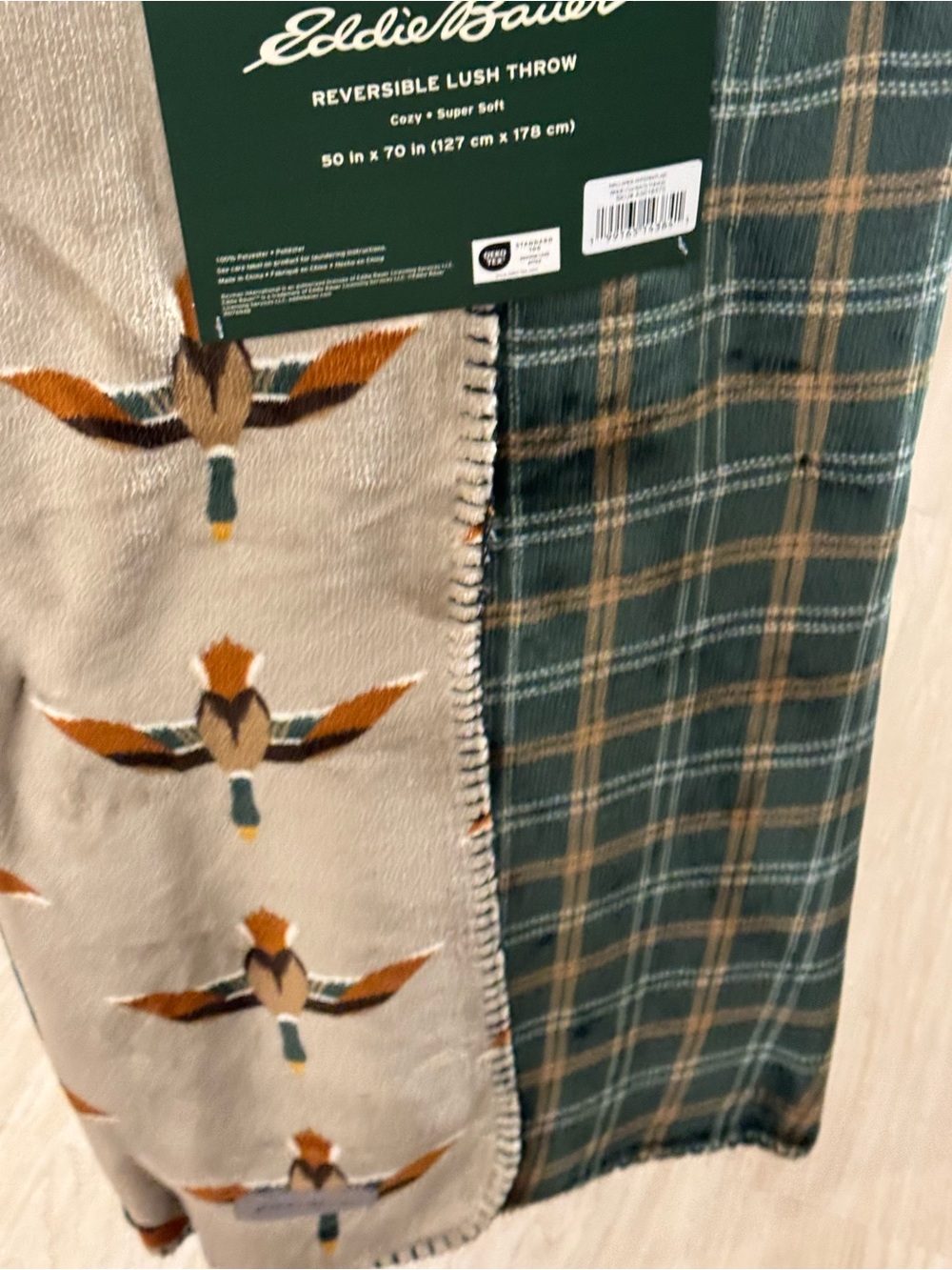 Eddie Bauer Green Plaid & Cream Duck-Print Reversible Throw